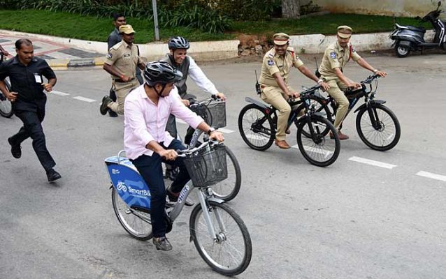 Image result for Telangana and Andhra Pradesh Governor E.S.L. Narasimhan on Monday pedaled his way from the Khairatabad Metro Station