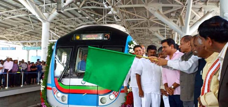 Image result for Hyderabad Metro Rail on the 16 km Ameerpet-LB Nagar line flagged by governor