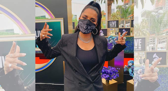 Lilly Singh wears ‘I stand with farmers’ mask at Grammys red carpet