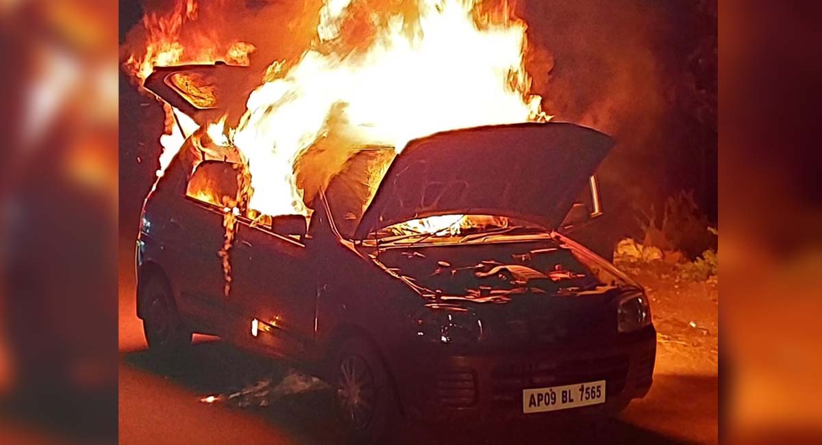 Miraculous escape for bridegroom and family as car goes up in flames in Mancherial