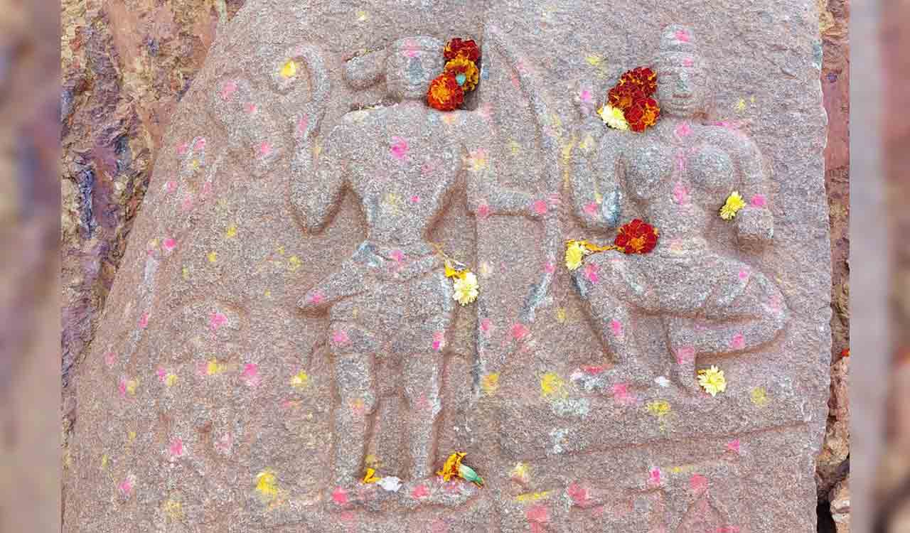 Ancient cave, Veeragallu sculpture found on hillock in Vikarabad