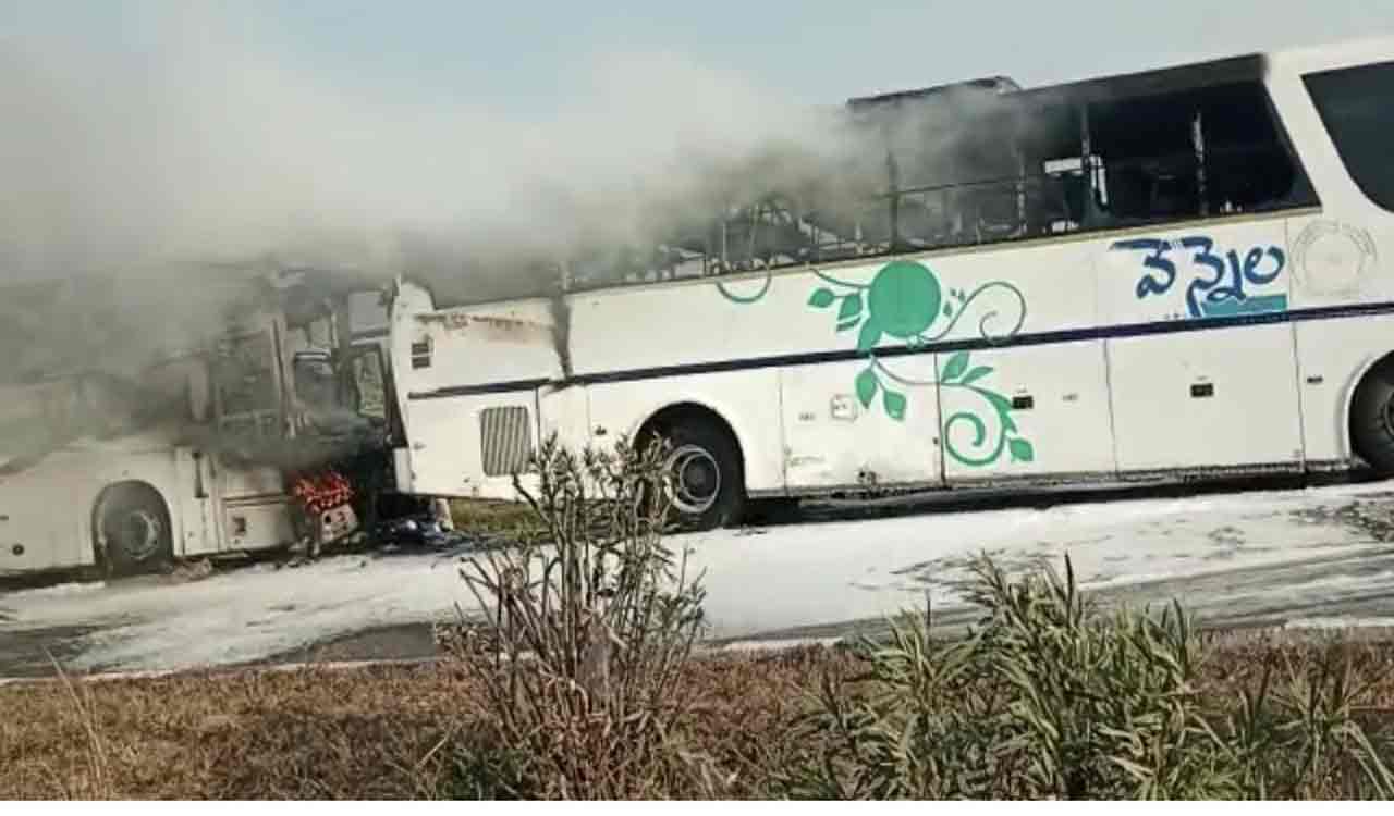 Lucky escape for passengers after two private buses catch fire on NH 65 in Suryapet