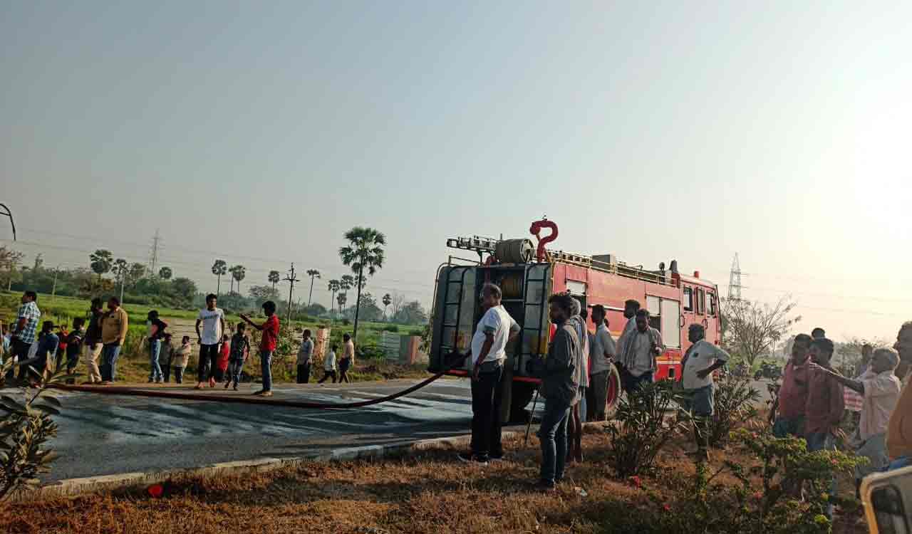 Lucky escape for passengers after two private buses catch fire on NH 65 in Suryapet
