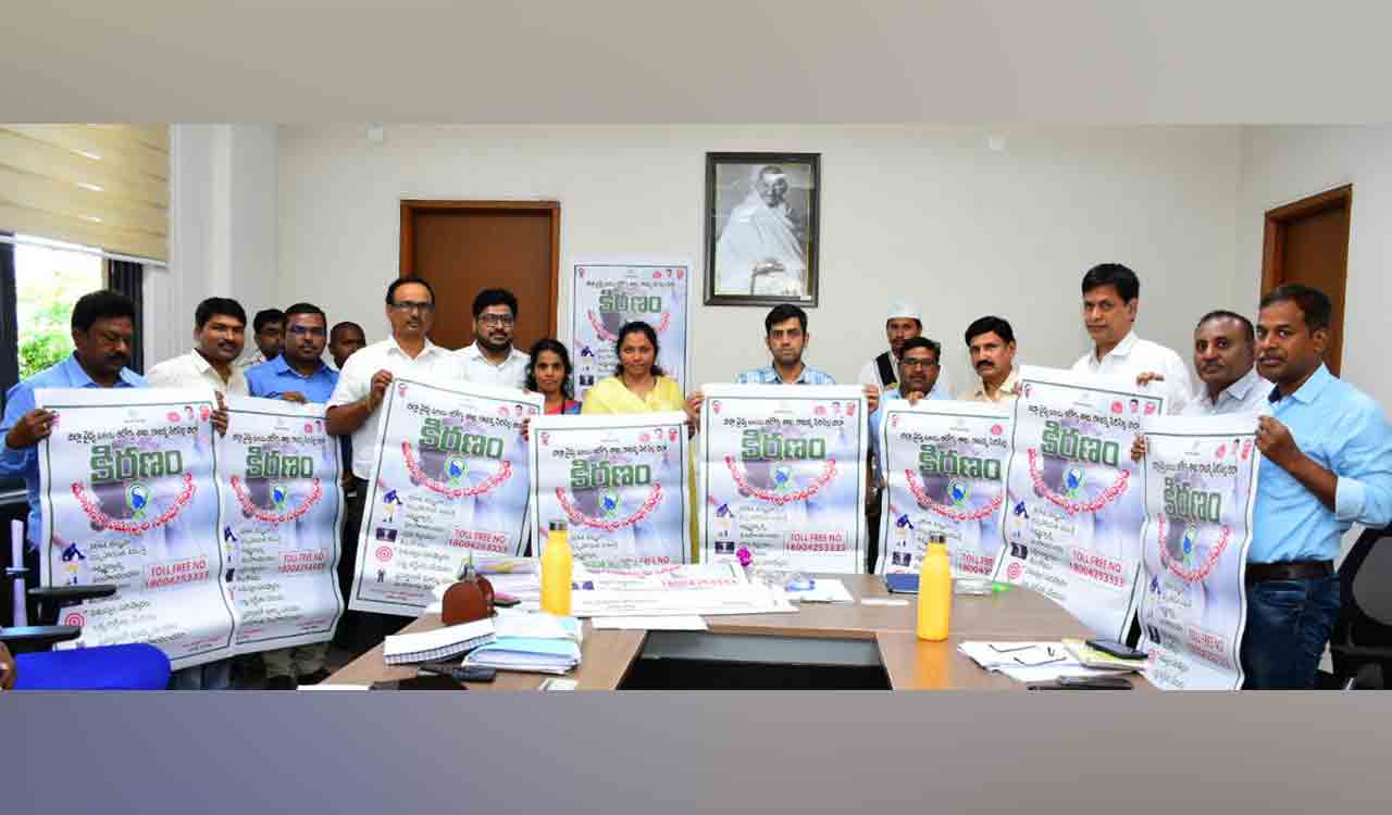 Collector Anurag Jayanthi releasing the wall posters of Kiranam in collectorate office in Sircilla on Wednesday.