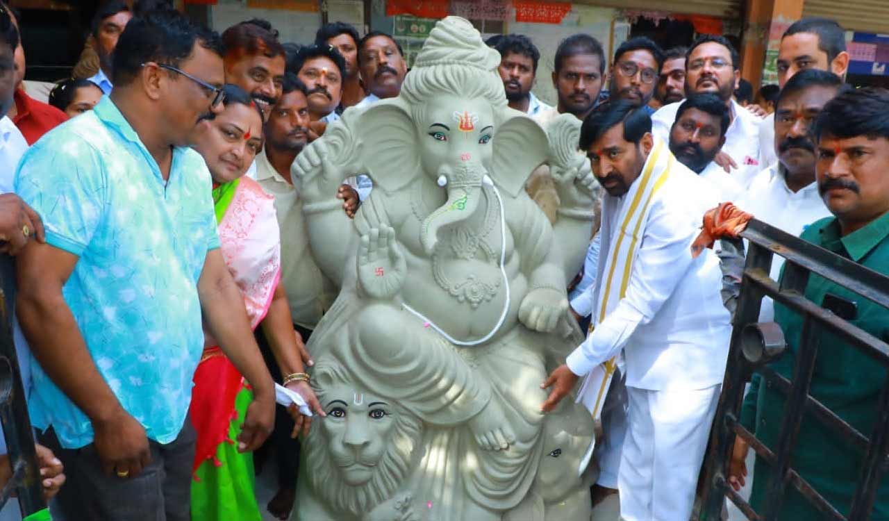 Clay Ganesh idols with seeds ready for distribution in Suryapet