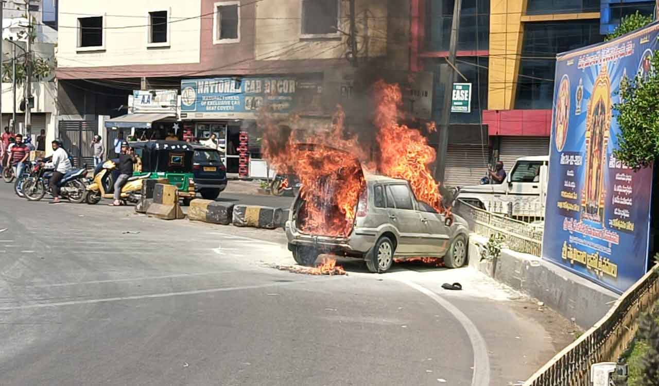Hyderabad: Moving car catches fire near Saifabad