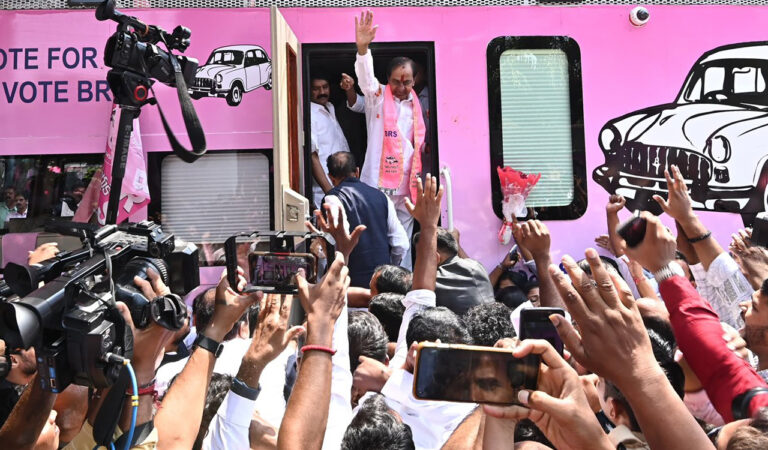 KCR kickstarts 17-day bus tour, gets rousing welcome