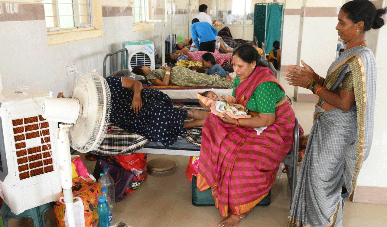 Women and children in Mancherial hospital struggle to beat the heat